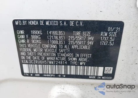 2021 Honda Hr-V Awd Ex из США, поврежденный, VIN 3CZRU6H57MM724814